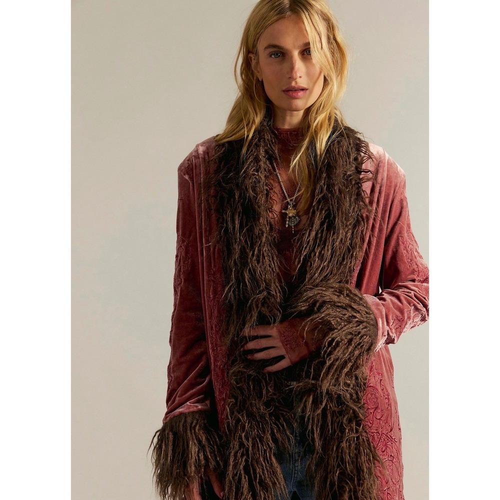 Free People Penny Lane Moon Glow Velvet Coat ALMOST FAMOUS Pink Brown NWT - Picture 3 of 3
